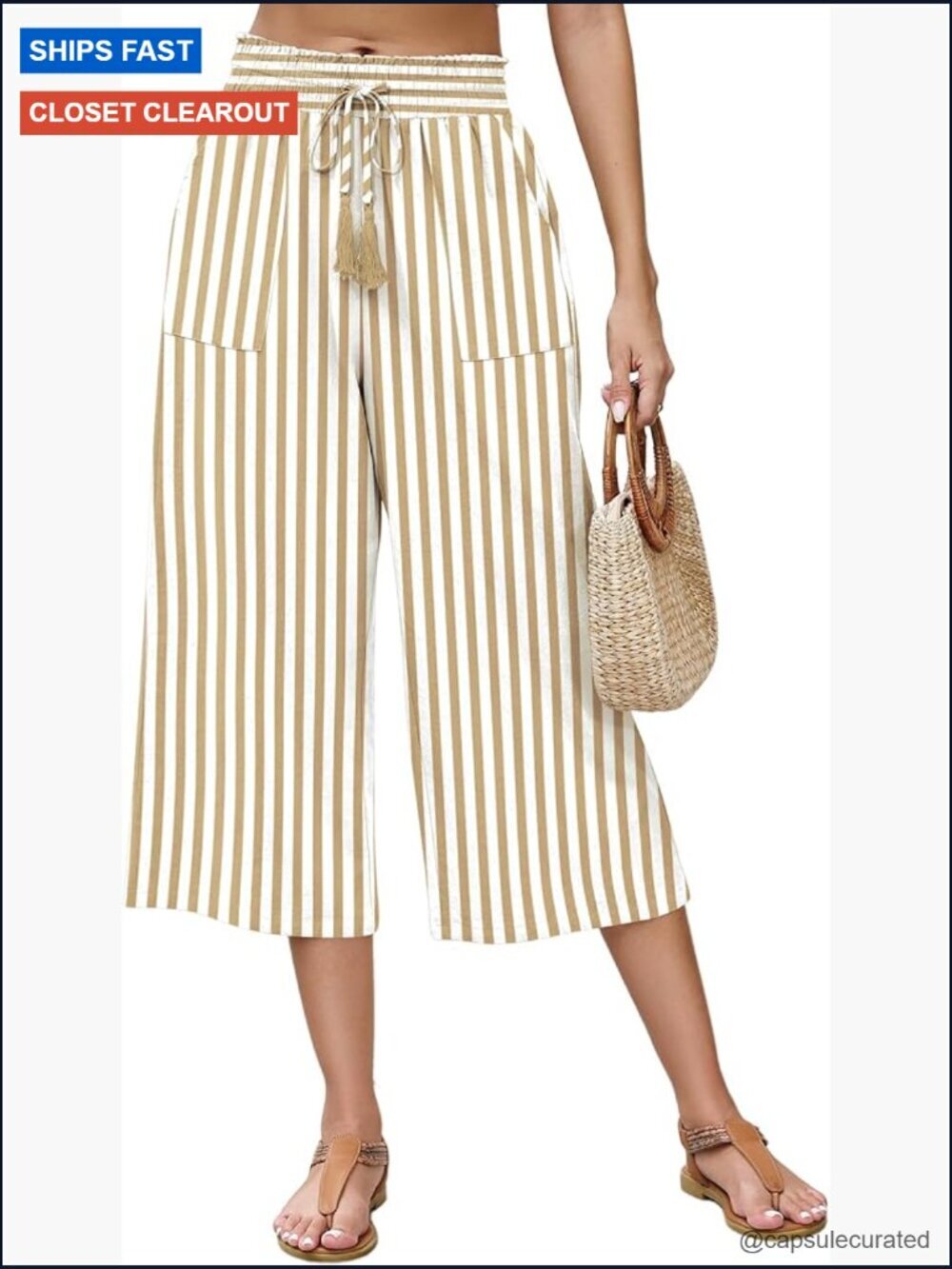 Linen Wide Leg Capri Pants Drawstring Elastic Waist Casual Cropped